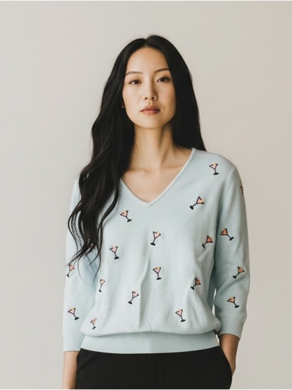Vintage Mercer & Madison Martini Cocktail Embroidered Sweater M 100% Cotton